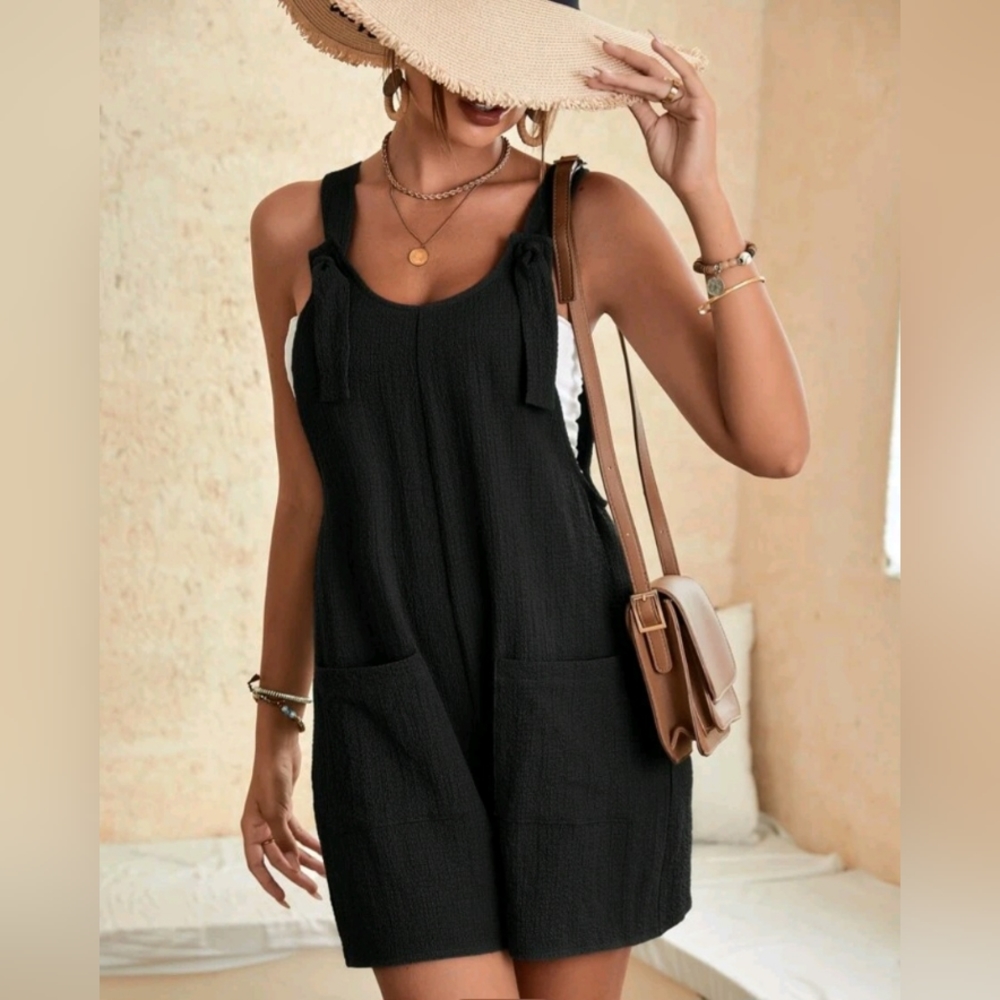 Knot Front Pocket Patched Overall Romper